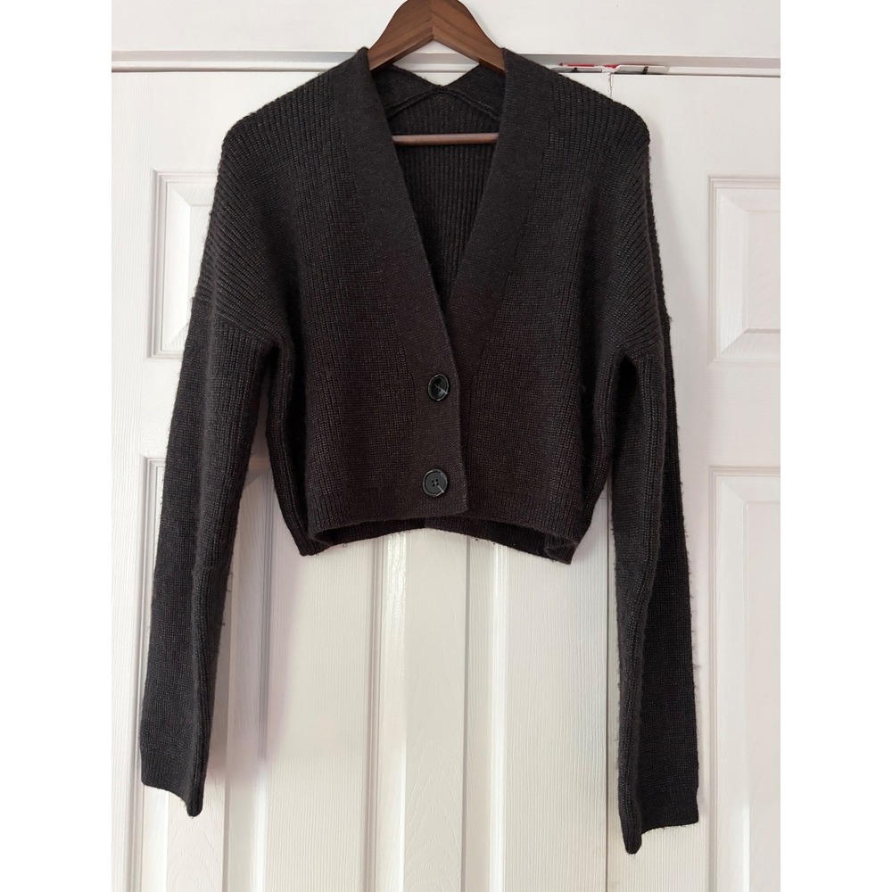 Commense Womens Cropped Cardigan Sweater Gray V-Neck Ribbed Knit XS